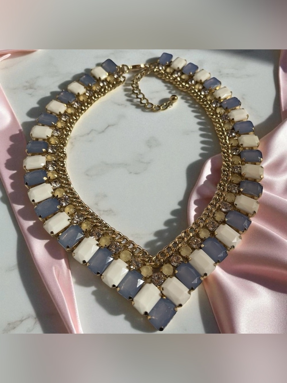 Natasha Couture Gold-Tone Collar Necklace – White & Gray, Signed